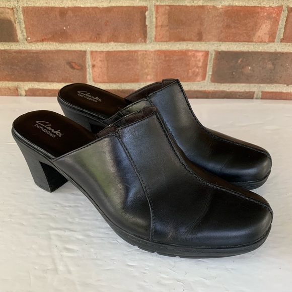 clarks black leather mules